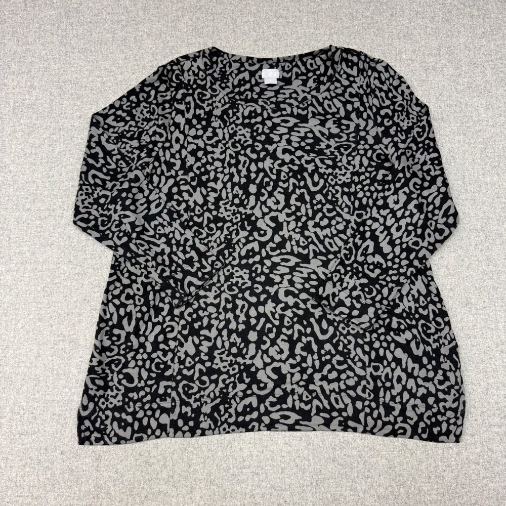 Chico's Animal Print Pima Cotton Long Sleeve Top | 3 XL | Gray Black Scoop Neck